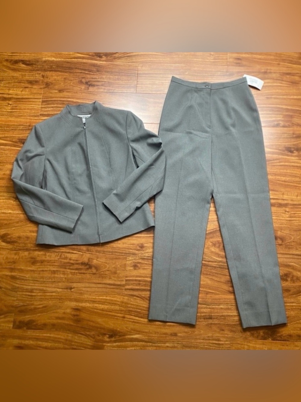 NWT New Vintage Kasper A.S.L. Women Gray Full Zip Blazer + High Waist Trouser 4P